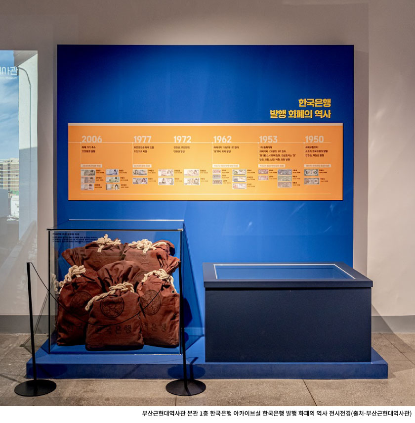 부산근현대역사관 본관 1층 한국은행 아카이브실 한국은행 발행 화페의 역사 전시전경_캡션